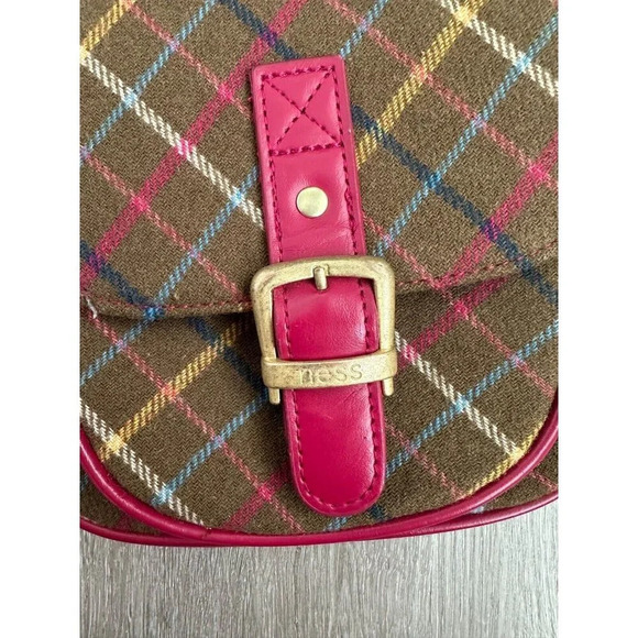 NESS Wool Rich Check Crossbody Bag Satchel Messenger Shoulder Pink Leather Trim - Picture 6 of 9